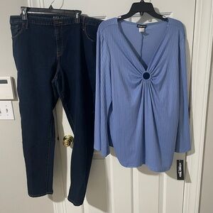 Blue Long Sleeve Top and Dark Jeans Set 26w jeans ava Viv